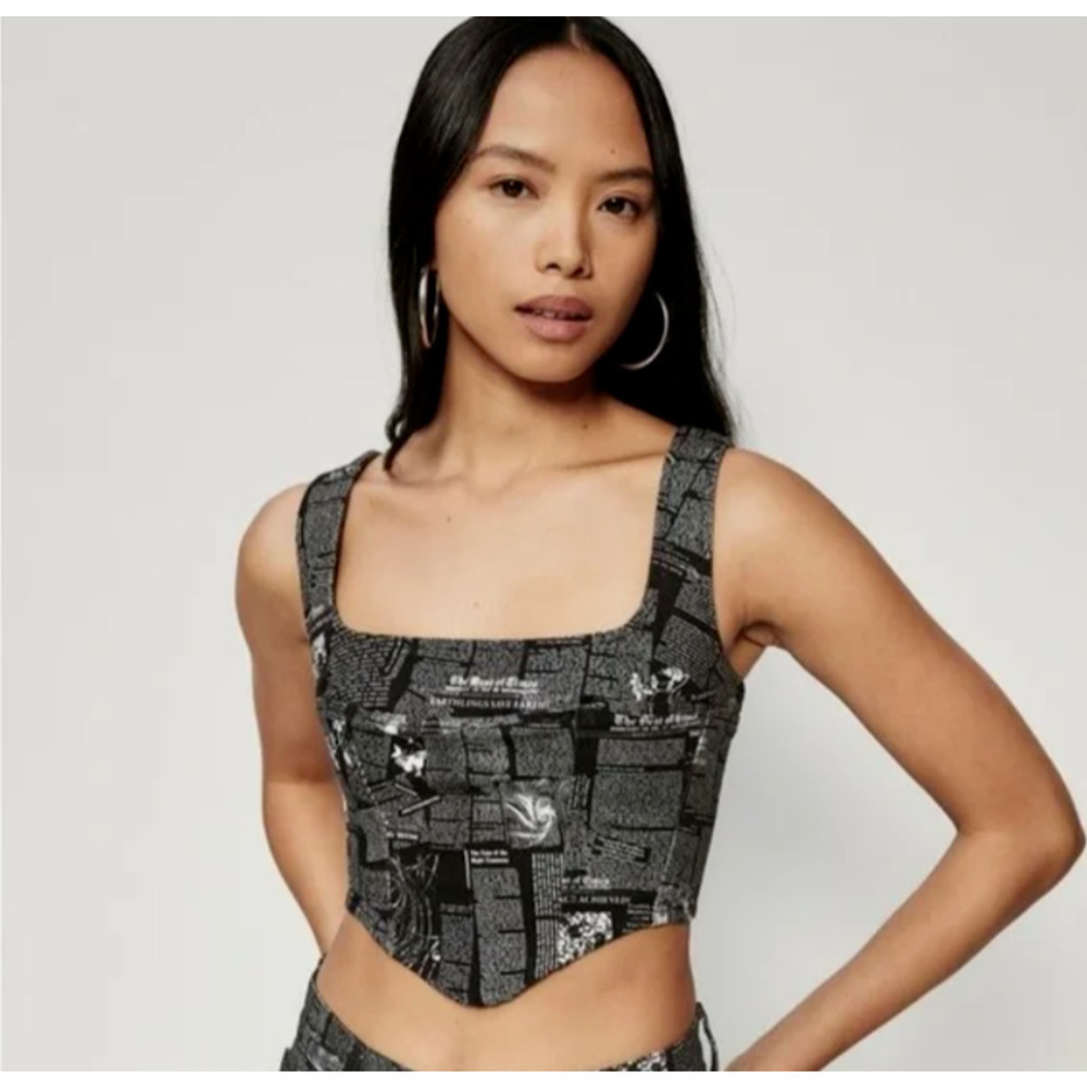 Reformation Jeans 8 Raya Denim Crop Tank Top Shirt Bustier Black White Newspaper